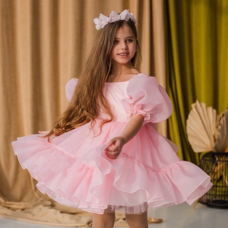 Pink Flower Girl Dresses Satin Solid With Bow Short Sleeve For Wedding Birthday Party First Communion Gowns