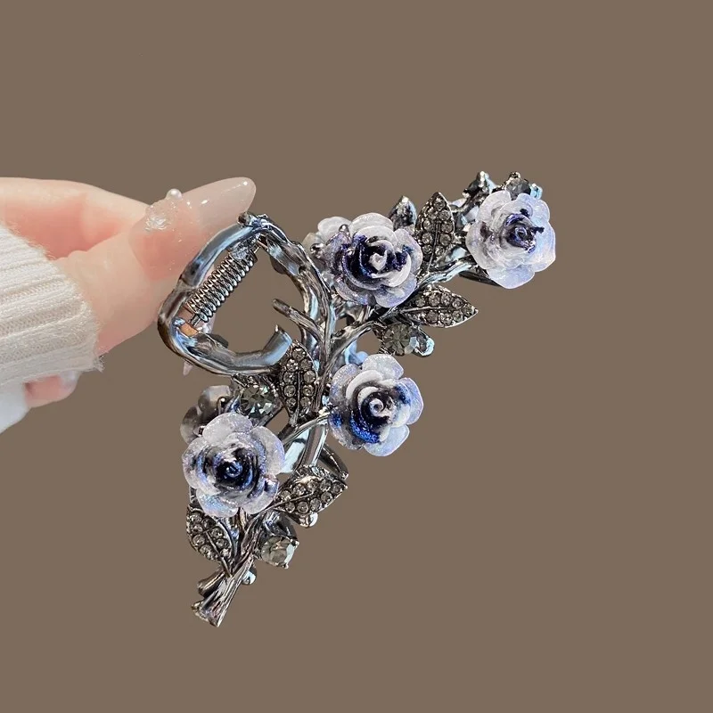 مشبك شعر على شكل زهرة زجاجية سوداء من جونميتال للنساء، دبوس شعر راقي ورائع، مشبك سمك القرش ذو الرأس الخلفي متوسط الحجم، مكانة متخصصة. #4