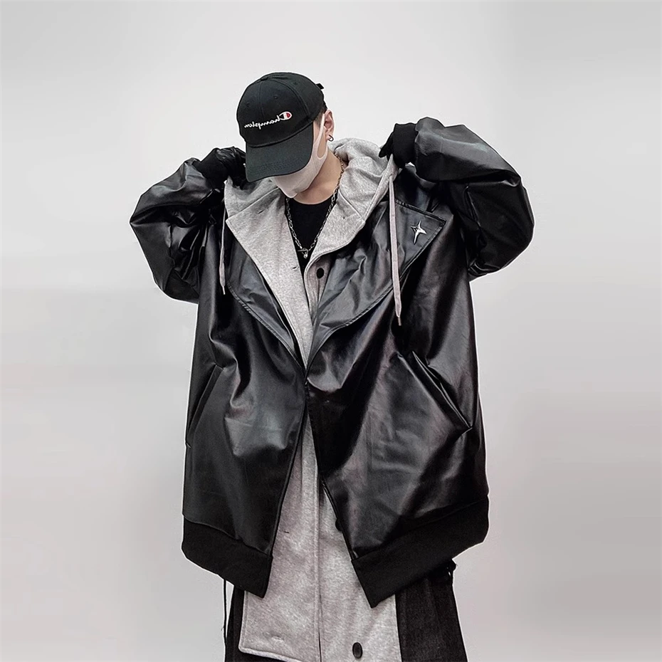 

Vintage PU Leather Jackets Mens Streetwear Punk Fake Two Pieces Motorcycle Jacket Oversized Hooded Loose Casual Coats Male