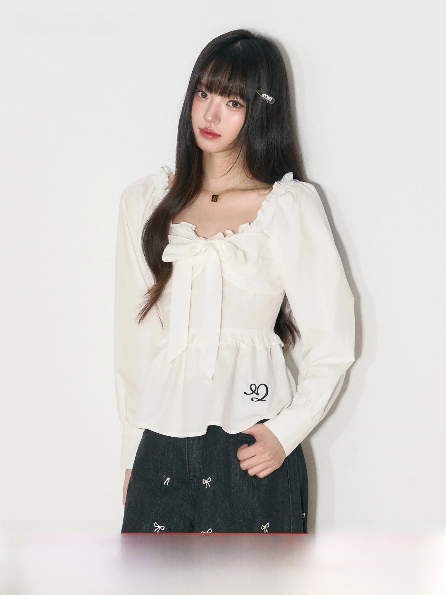 

NANGOON Original Design Early Autumn Long Sve Women's irt Ele Waist-Cinching Knot Lace Trim Korean Sle