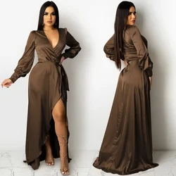 Ladies Retro Belt Satin Elegant A-line Party Dress Long Sleeve Sexy V-neck Temperament Waist Irregular Silk Birthday Party Dress