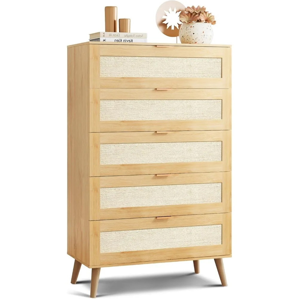 Drawer Dresser for Bedroom, Wood Dresser Storage with Rattan Drawers, Gold Metal Handle,Chest of Drawers for Living Room,Closet