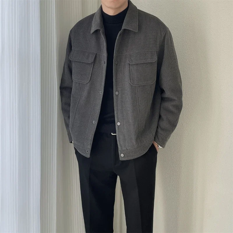 ​Autumn Spring Men's Corduroy Jacket Military Collared Short Jacket Loose Fit Stylish Workwear for Daily Wear​