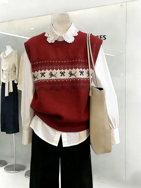 

Красный вязаный жилет с вышивкой, модный, с круглым вырезом, универсальный, для многослойных образов, омолаживающий эффект, женский кардиган, без рукавов