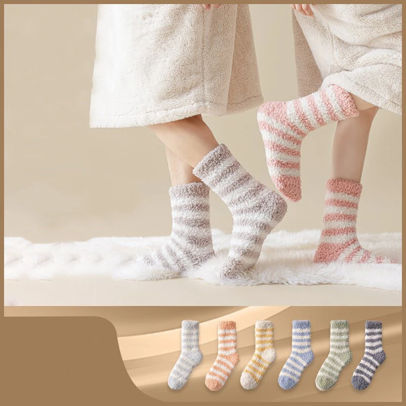 1PCS Women's Thick Coral Velvet Socks Warm Feet Couple Sleep Postpartum Home Men's Striped Floor Socks