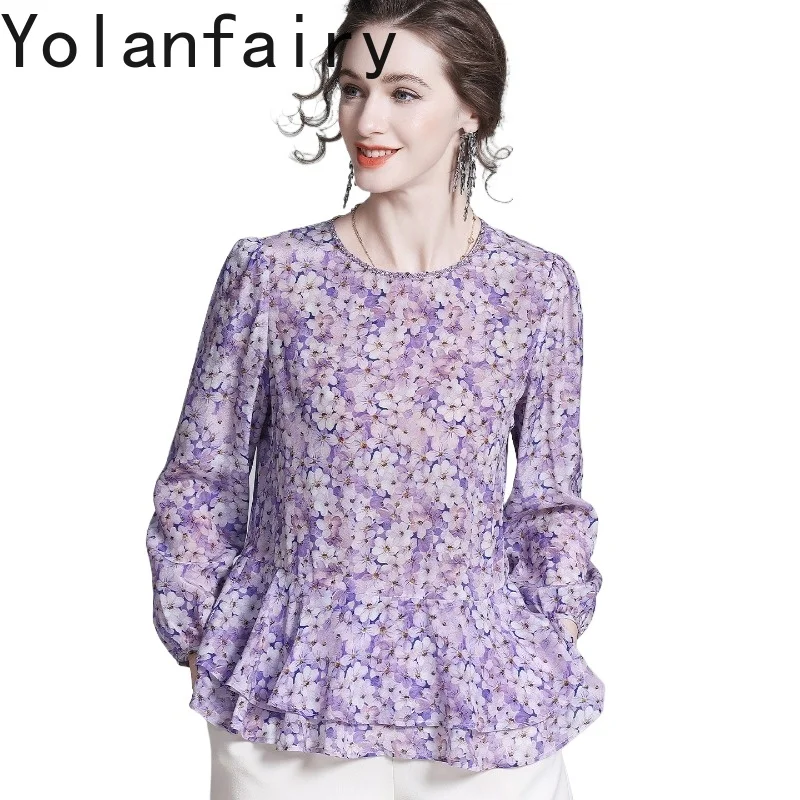 YOLANFAIRY 100% Real Mulberry Silk Blouses for Woman Elegant Spring 2026 Vintage Purple Floral Tee Shirt Women Cute Tops Shirts