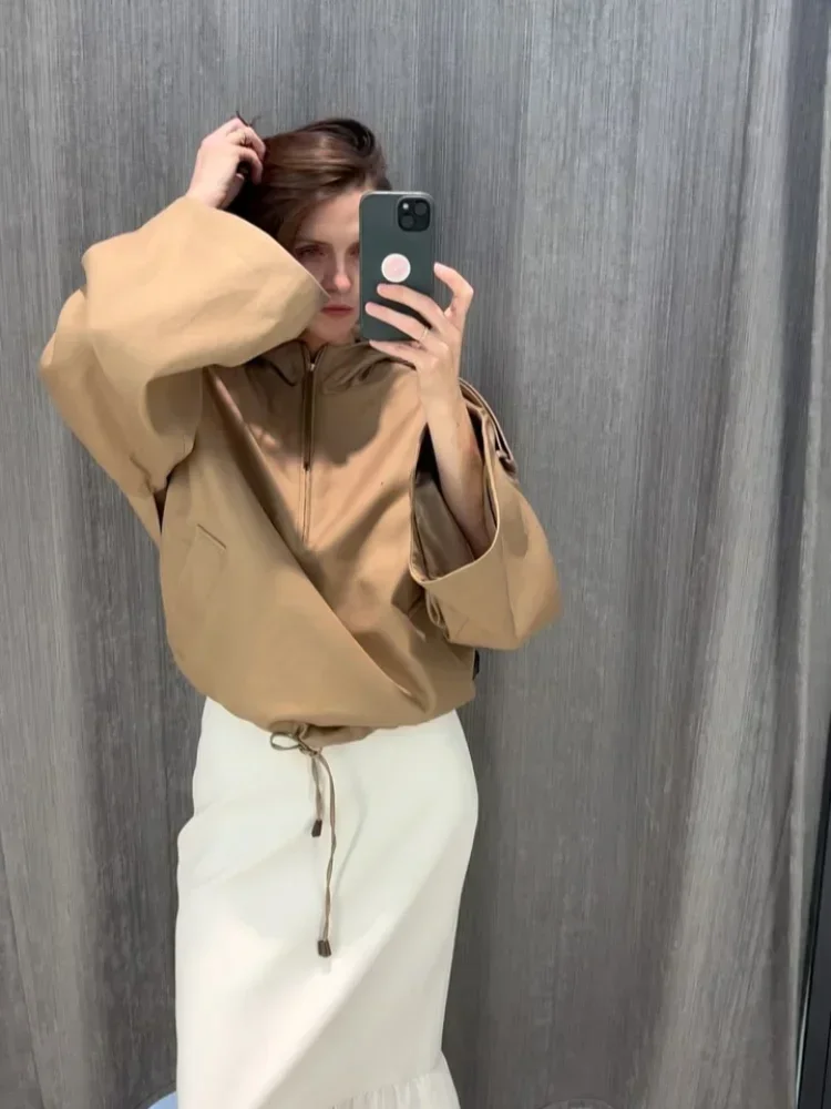 

Women's Solid Lapel Zipper Loose Jacket Casual Full Sleeve Lace Up Short Coats Chic 2025 New Autumn Office Lady Commute Outwears