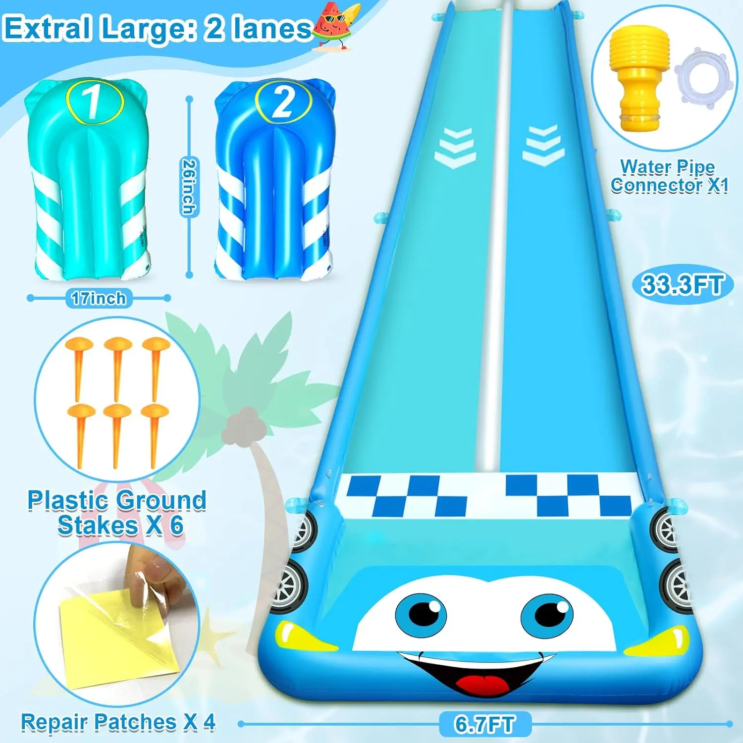 Tobogán de agua Extra largo para niños, coche de carreras, doble carril, césped, antisalpicaduras y toboganes con 2 Bodyboards, valla de seguridad, 33,3 pies