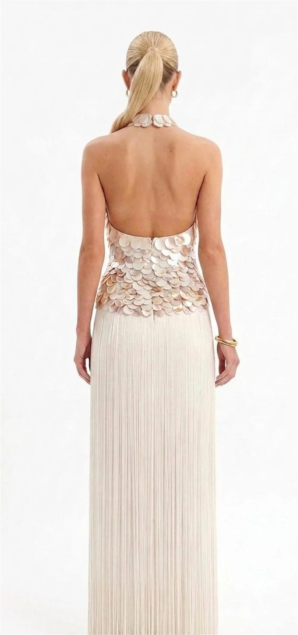 Sansa Customized Ivory Prom Dresses Luxury Halter Open Back Shell Sequin Fringe Mermaid Vestidos De Noche Floor-Length Formal Ev
