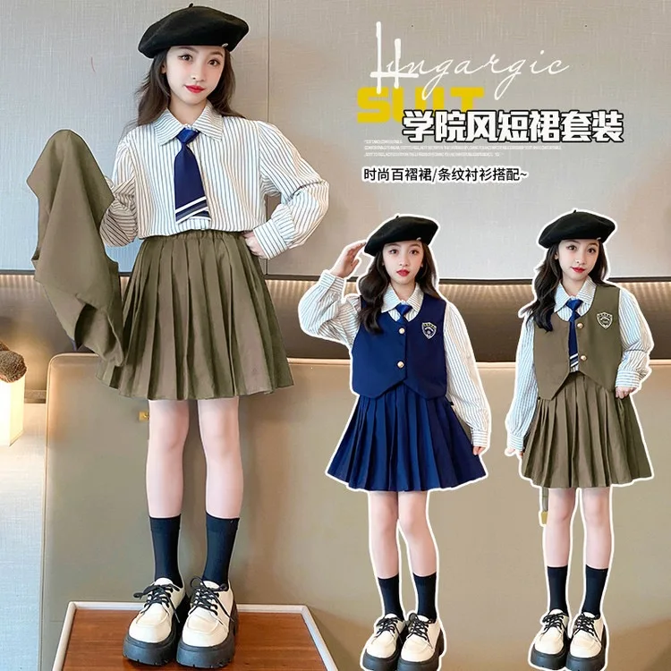 teen girls JK skirt clothes Set Spring Autumn 2026 College Style Big Child Shirt Vest pleated Skirt 4pcs junior kid outfits suit