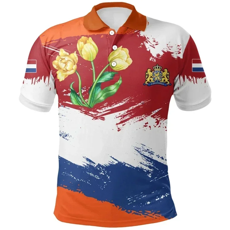Spring and Summer Men Netherlands 3D Flag Print Country Logo Pattern Shirt Short Sleeve Top Summer Informal Shirt