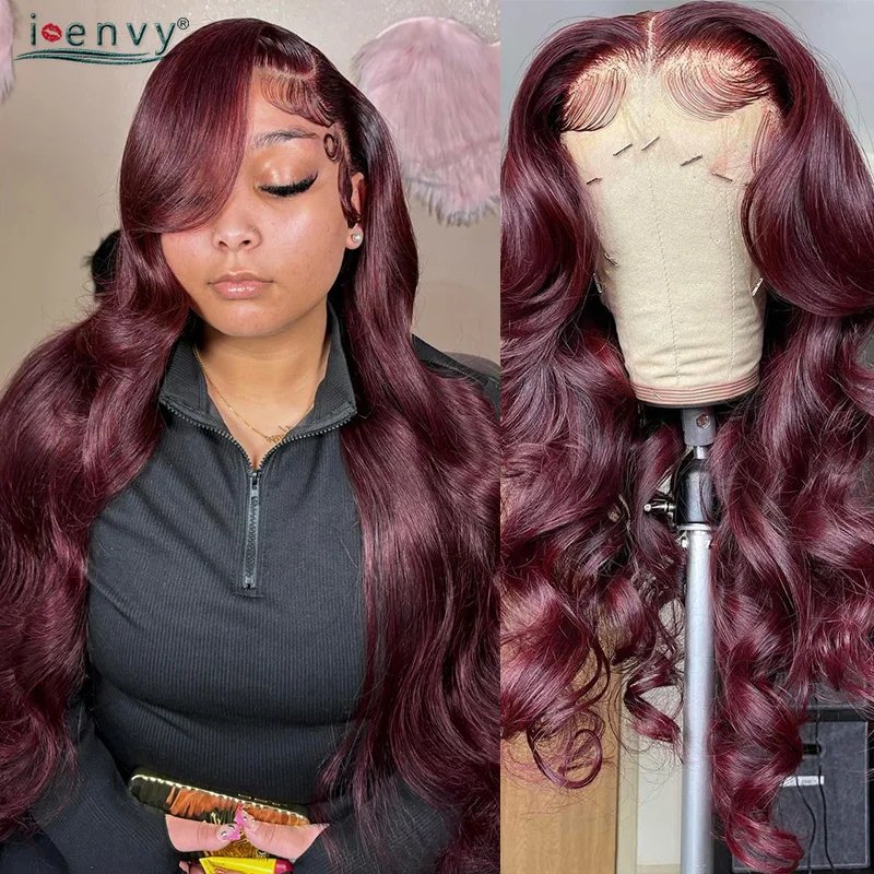 

13X4 13X6 99J Burgundy Body Wave Lace Front Human Hair Wigs Long 30 32 Inch Red Colored Hd Lace Frontal Wig For Women PrePlucked