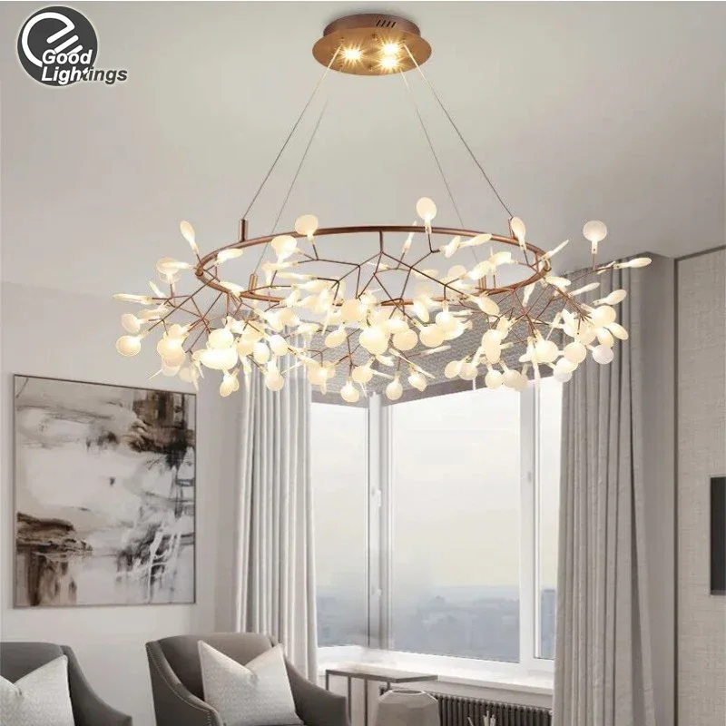 Round Branch LED Chandelier Light For Bedroom Living Room lounge Salon Office Black Modern Firefly Hanging Pendant Chandeliers