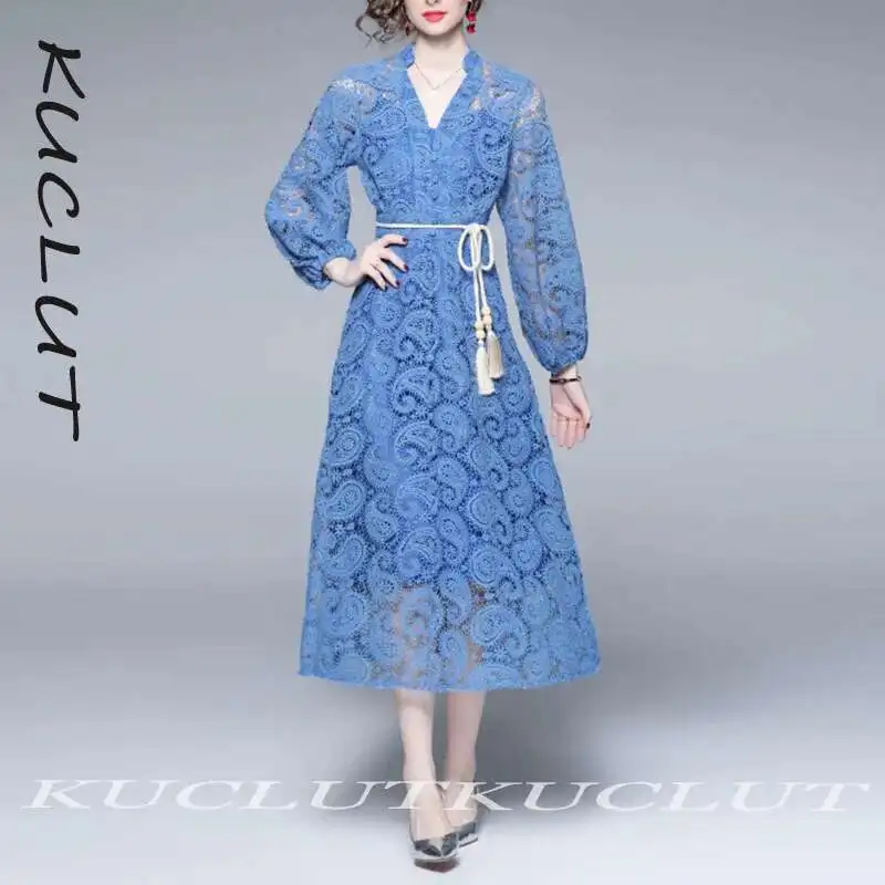 

KUCLUT 2025 новое кружевное женское платье с кисточками и галстуком, длинным рукавом, v-образным вырезом, талией, модные винтажные очаровательные платья, женские K161