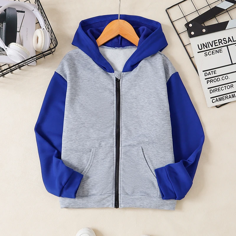 Autumn And Winter Boys Fashion Trend Daily Casual Cute Cold And Warm Hooded Colored Zipper Long Sleeved Sweater Clothing