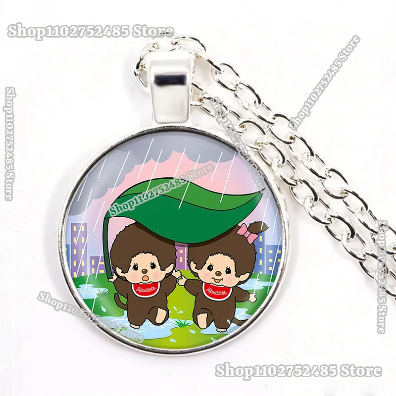 M-Monchhichi Cute Cartoon Necklace Round Time Gem Ornaments Neck Chains Anime Character Print Silver Chain Jewelry Daily Wear