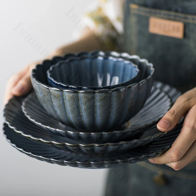 Vintage Blue Glazed Ceramic Plates Creative Striped Relief Restaurant Western Tableware Spaghetti Dinner Plate Dessert Dishes