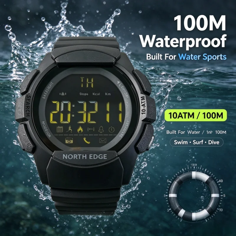 North Edge Digital Watch AK Series Men Outdoor Sports Watch 100m-Waterproof Multi Function Pedometer Camping Hiking Tool Gift
