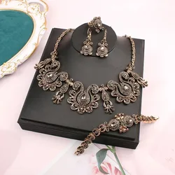 Bohemian Vintage Women's Necklace Earrings Bracelet Ring Turkish Crystal Wedding Jewelry Arab Bronze Bridal Gift Jewelry Set