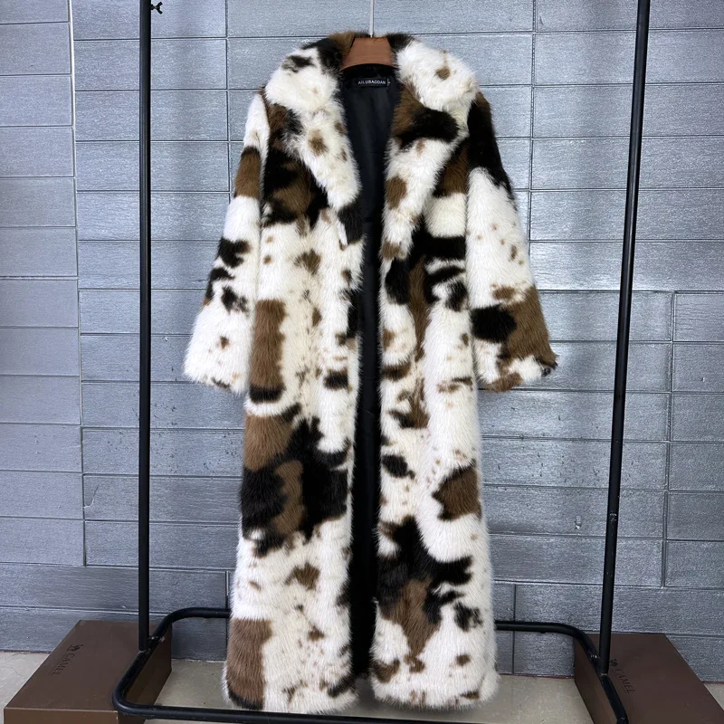 

Thiened Cow Pattern Fur Coat Long Lapel Winter Coat for Women Outerwear
