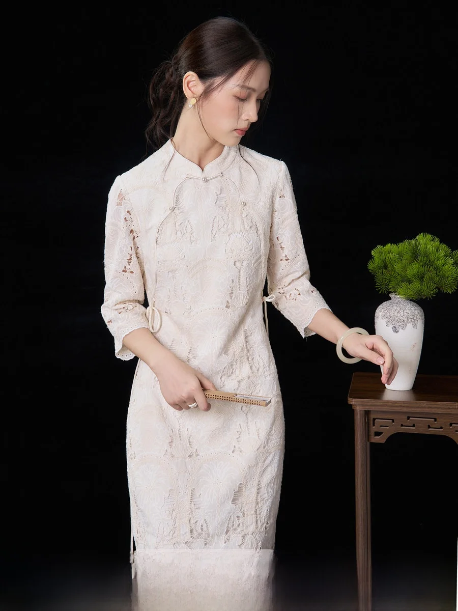 

New Chinese Sle Embroidered Long Dr Women's Button Sve Slim Fit Cotton Midi Dr Autumn New Arrival X Version