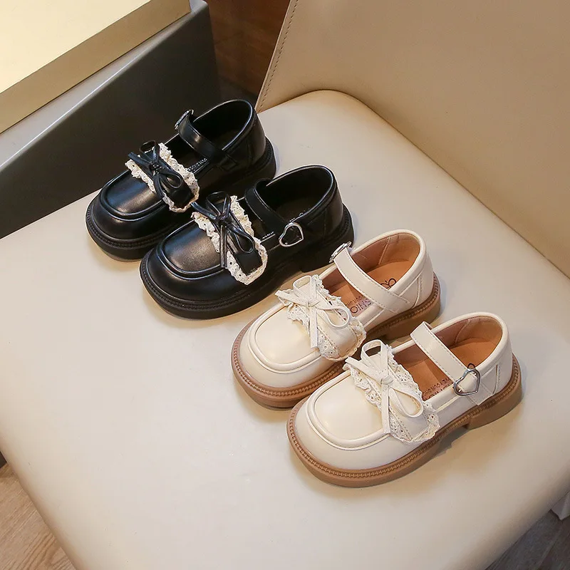 Girls Spring Autumn Butterfly Bow Soft Sole PU Leather Shoes Kids Children Anti-slip Breathable Lace Loafers Baby School Shoes
