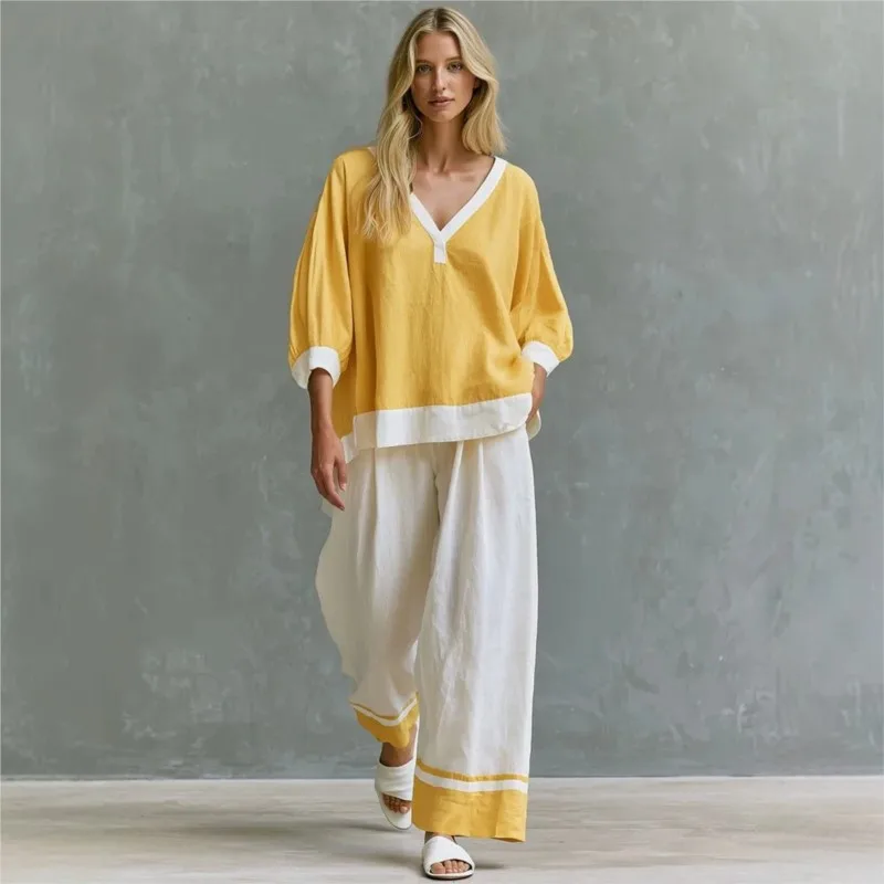 Women Stripe 2 Piece Outfit Spring Autumn V Neck 3/4 Sleeve Color Block Top Wide Leg Pants Set Loose Casual Suit Ladies Set