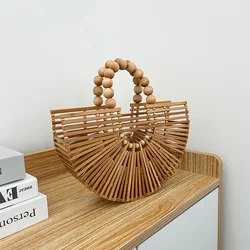 Fashion Bamboo Woven Half Moon Basket Bag Rattan Women Handbags Wicker Woven Shoulder Crossbody Bags Summer Beach Straw Bag 2023