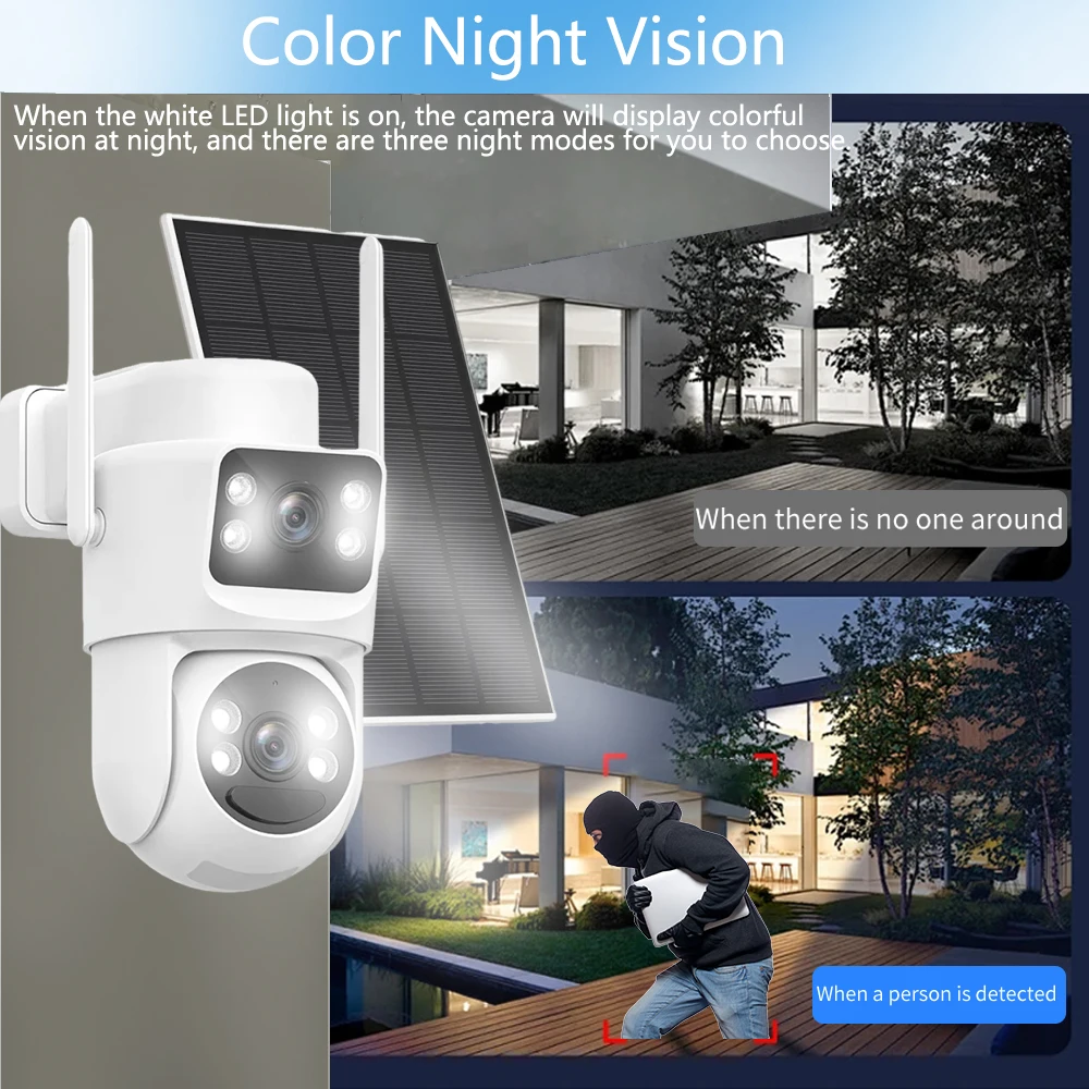 8MP 4K 4G SIM Card Two lens Smart Solar Powered Security Camera Two Way Audio Outdoor CCTV Camera PIR Detection For Farm Orchard