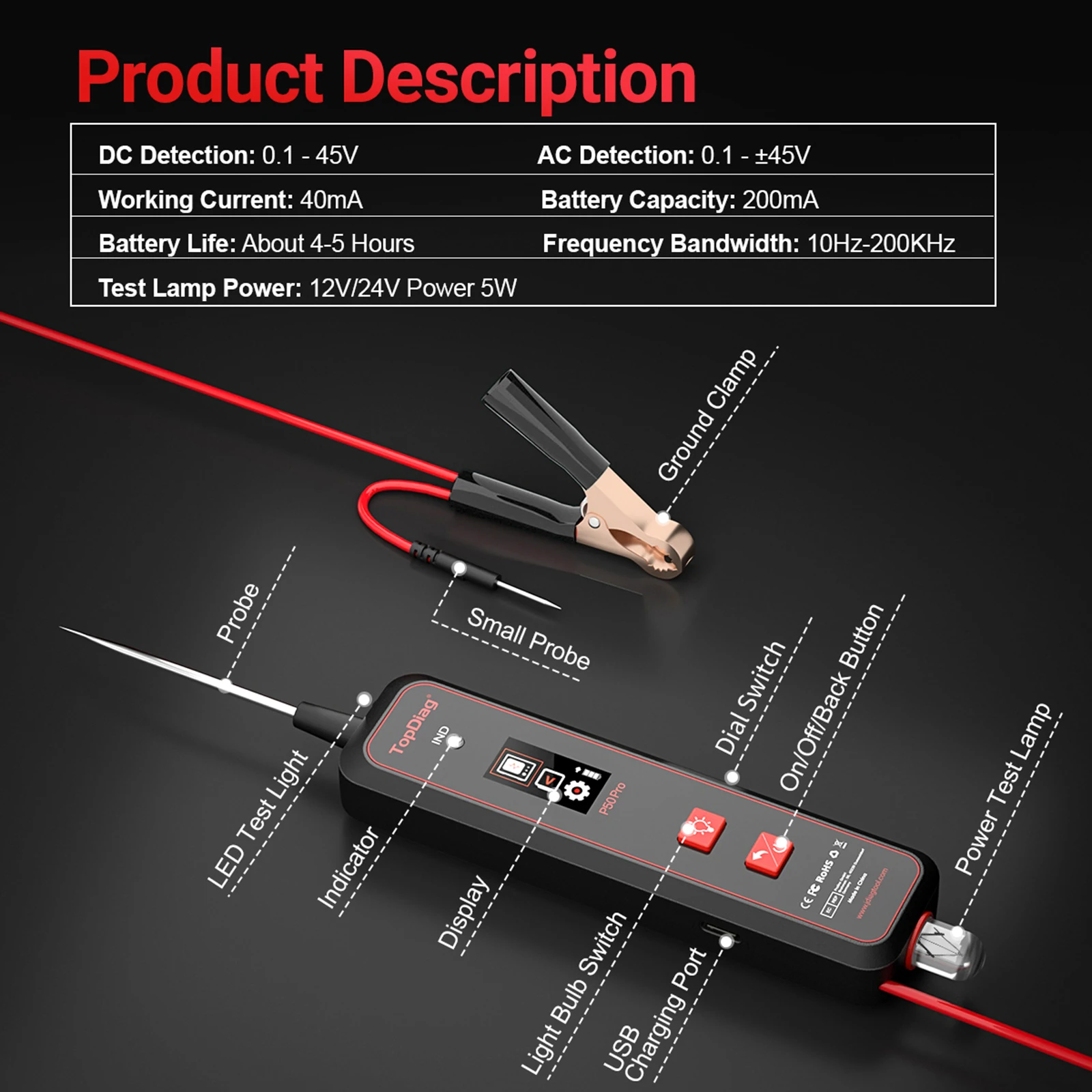 TopDiag p50pro Automotive Circuit Tester Power Circuit Probe Tester Mini Oscilloscope Signal AC DC LED Light Tester