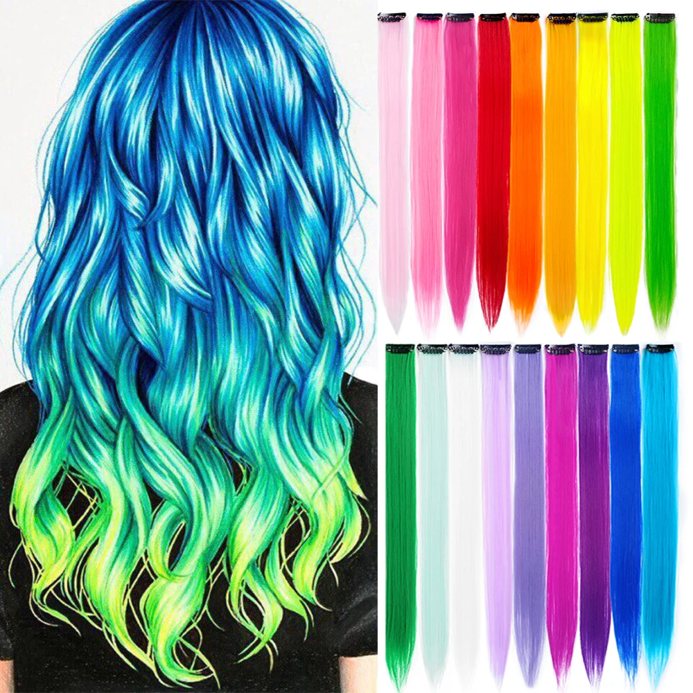 Colored Hairpieces 22 Inch Rainbow Hair Extensions Synthetic Colorful Clip In Hair Extensions for Women Girls kids Party