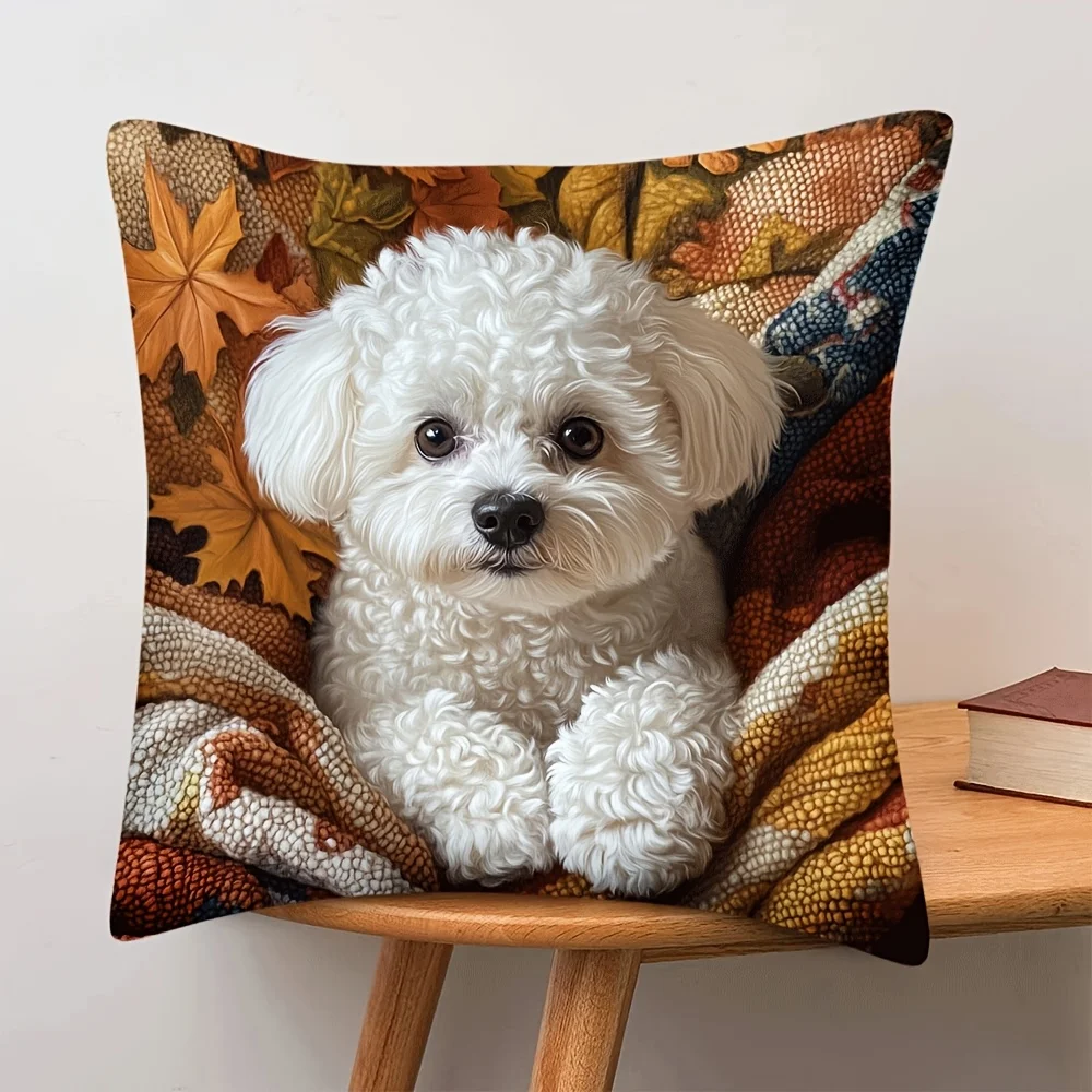 1pc Bichon Frise with Maple Leaves Throw Pillow Cover, Suitable for Sofa,Bedroom,Living Room,a Heartwarming Gift for Dog Lovers.