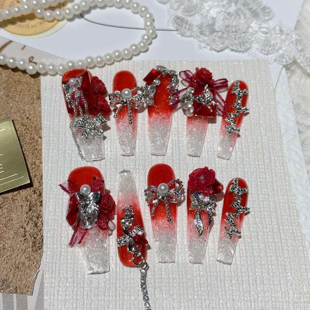 10 Uds. De uñas largas de Ballet negras hechas a mano, diseño de rosas metálicas de mariposa 3D de lujo, manicura con gradiente de brillo, arte de uñas de diamante