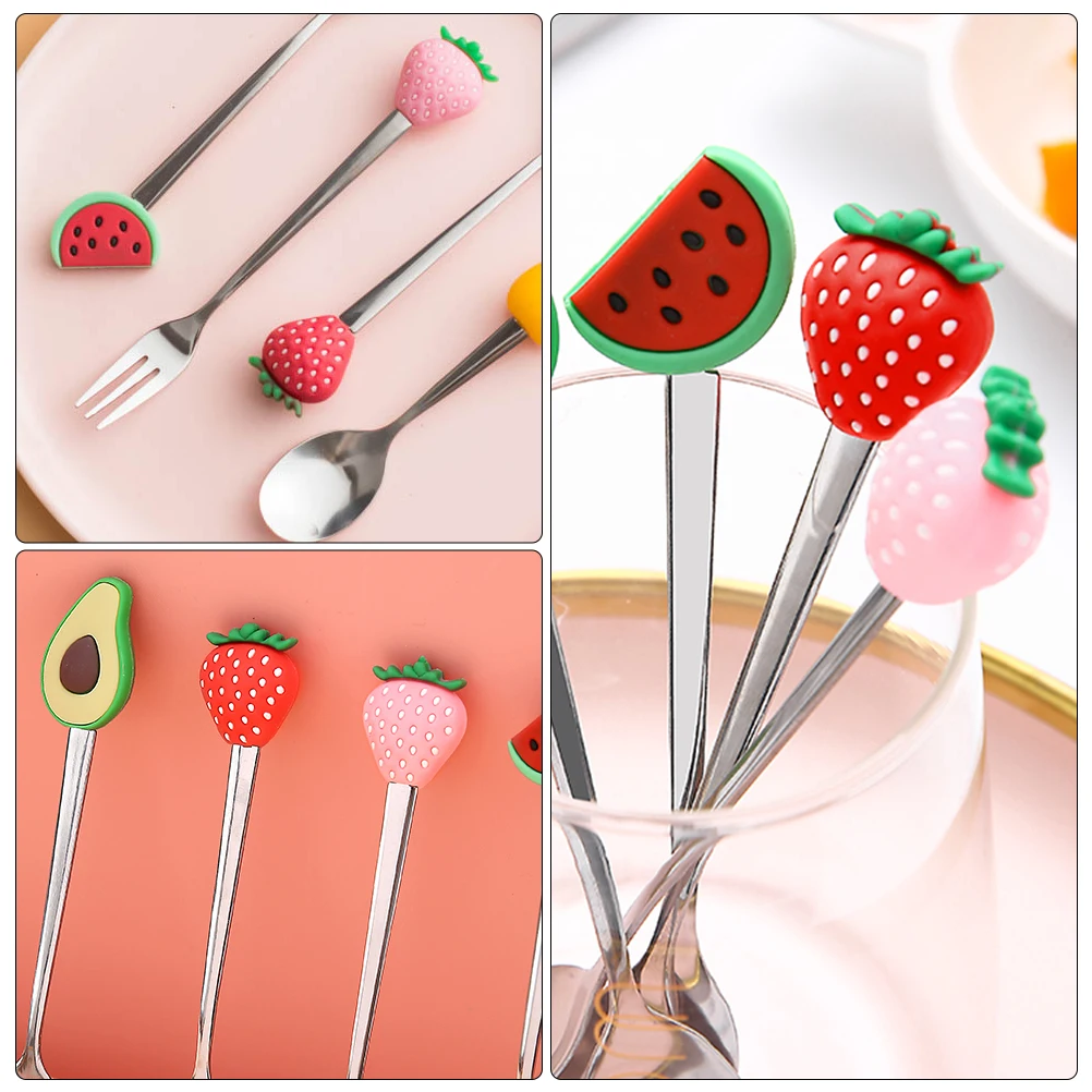 

4pcs Stainless Steel Fruit Shaped Fork Spoon Set Red Strawberry Design Kitchenware Tableware Eating Tools Gifts