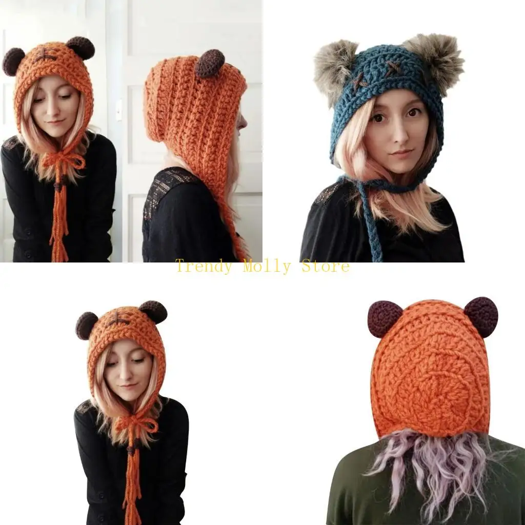 

N5KB Cartoon Bear Hat Warm Bonnet Photo Props New Year Thick Winter Hat Adults Kids