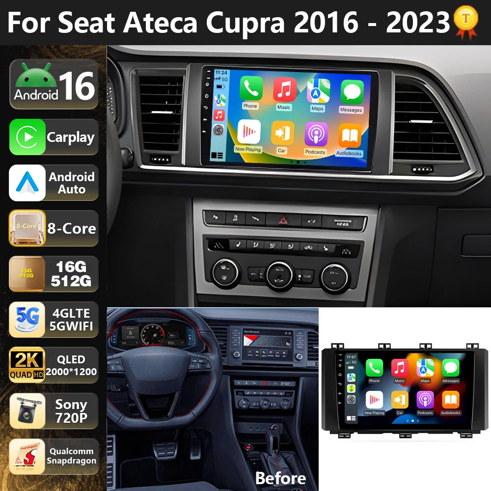 Qualcomm Android 16 For Seat Ateca Cupra 2016-2023 2K QLED Car Radio Multimedia Video Player GPS CarPlay AUTO 4G WiFi Stereo BT