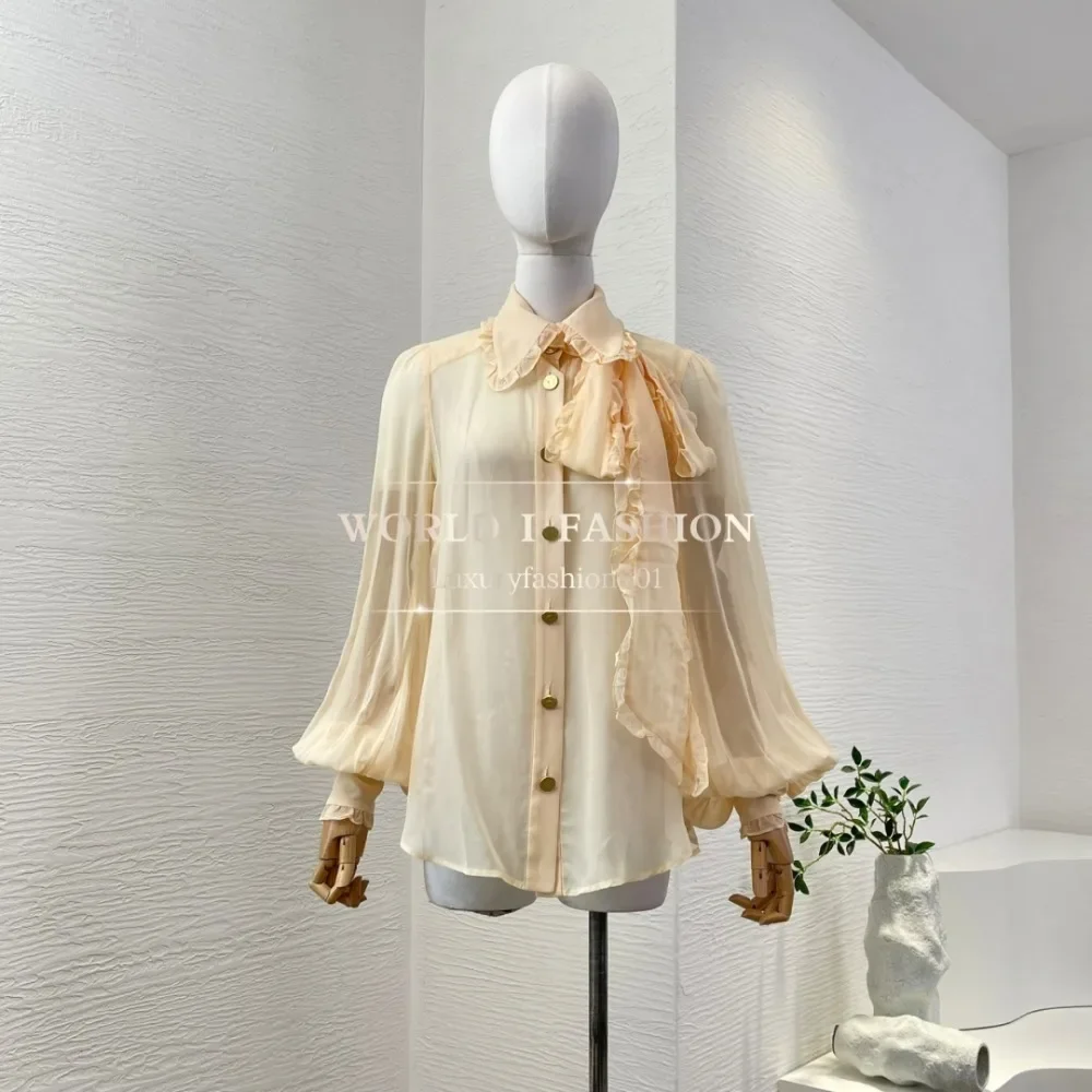 

2025 Spring Beige Long Sleeve Ruffles Blouse Tops Separate Camisole New Design