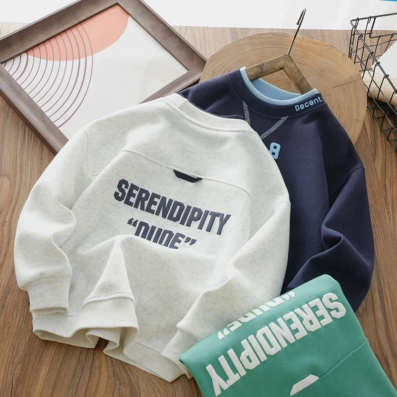 New Spring Autumn Teen Boys Sweatshirt False Two-piece OB Letter O-neck Full Sleeve Sport Pullover Top For 3-13 Years Kids