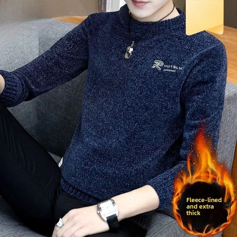 

Вязаные свитера для мужчин, зимние флисовые теплые вязаные пуловеры с воротником-стойкой, мужские британские плюшевые утепленные мужские свитера, роскошные мужские свитера