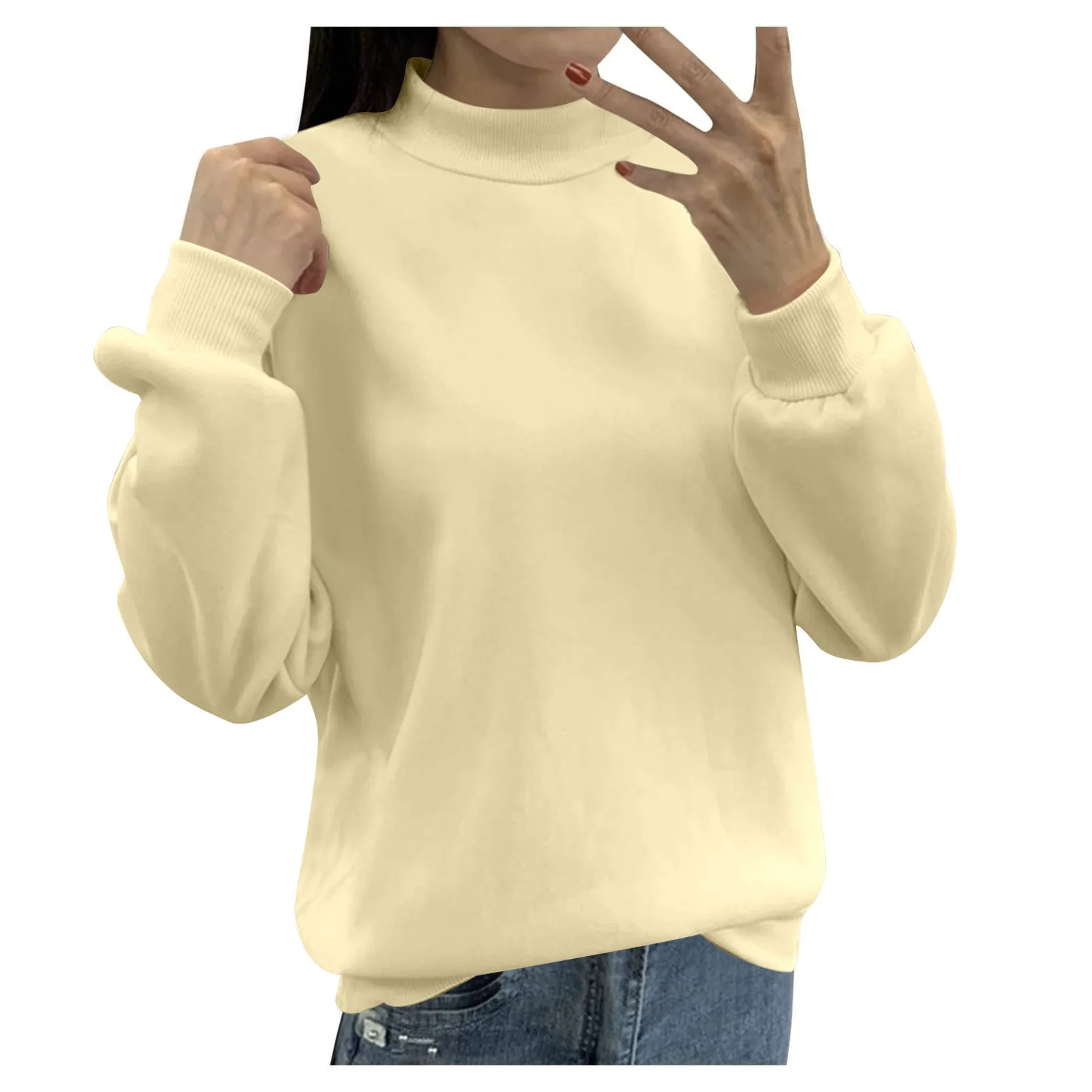 

Women's Fleece Lined Small Turtleneck Loose Casual Long Sleeve Crew Neck Women Pullovers Sweater Ladies Soccer Sweatshirt