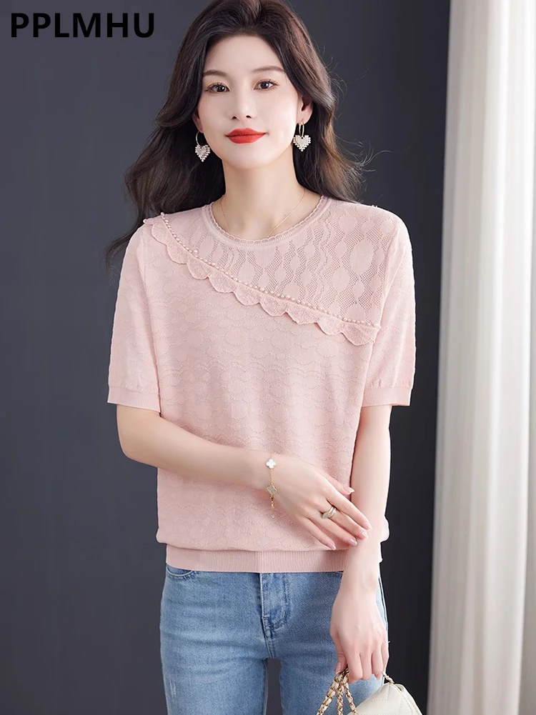 Summer Ice Silk Knit Tshirts Women New Casual Short Sleeve O-neck Knitwear Jumper Tee Hollow Out Korean Beading Malhas Tops