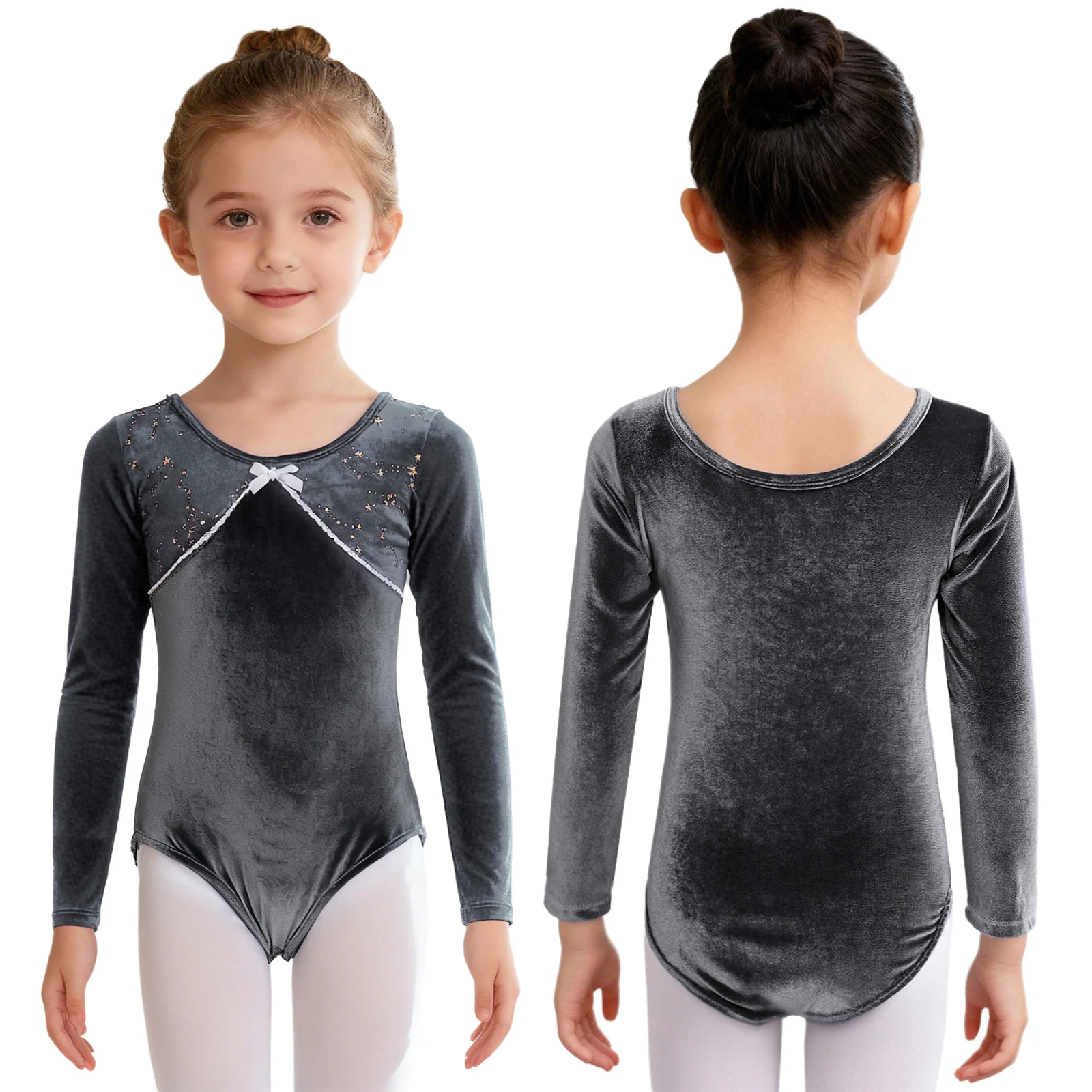 

Детский бархатный балетный купальник для девочек с длинным рукавом, металлическим эффектом и звездами, для фигурного катания, гимнастики, тренировок и выступлений