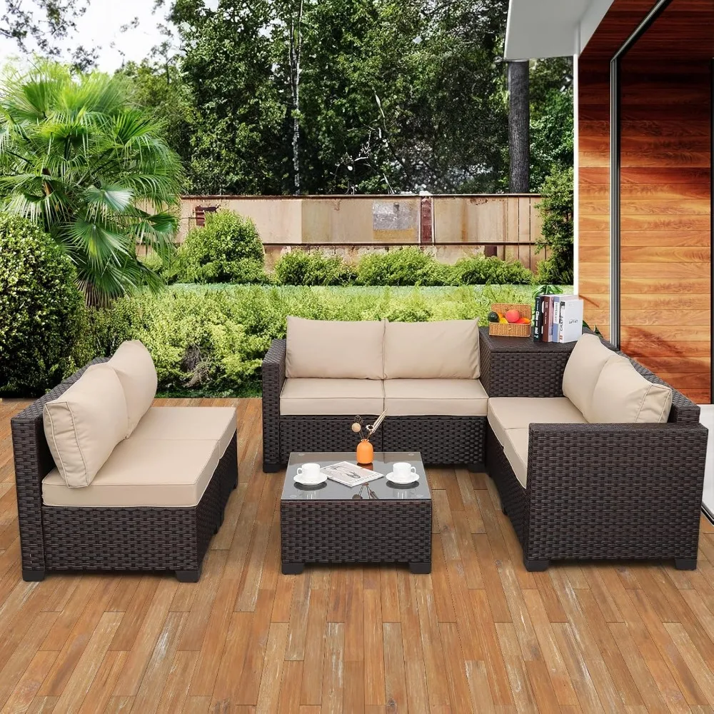 

6 Pieces Patio PE Wicker Furniture Set Outdoor Brown Rattan Sectional Conversation Sofa Chair with Storage Table and Beige Cushi