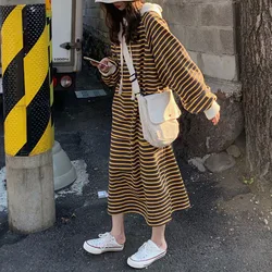 Hoodie Women Autumn Winter Korean High Street Cootrast Color Hoodies Drawstring Striped Long Sleeve Loose Thermal Long Dress