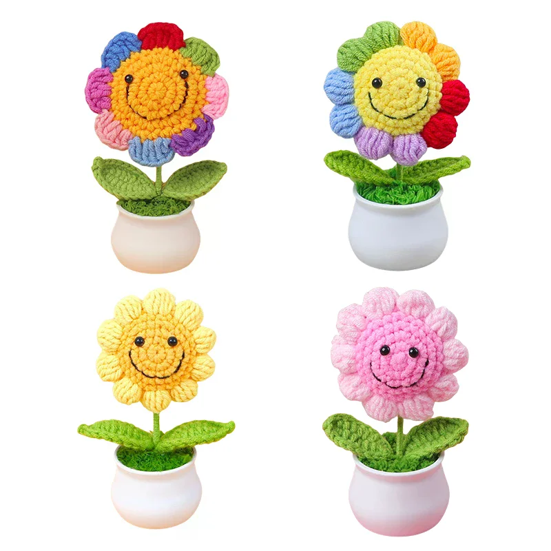 Cute Hand-knitted Sunflower Pots Ornaments Creative DIY Hand-knitted Flower Pots Artificial Flowers Home Decoration Gifts