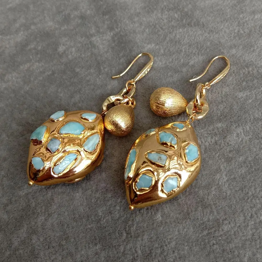 YYGEM 25x34mm Natural Blue Larimar Dangle Hook Earrings Gemstone Earrings Women