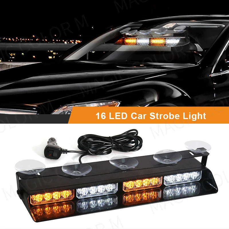 

16 LED Car Strobe Light For Emergency Flash Warning Lamp Windshield Bar Red Blue Amber White Waterproof Auto Light Assembly 12V