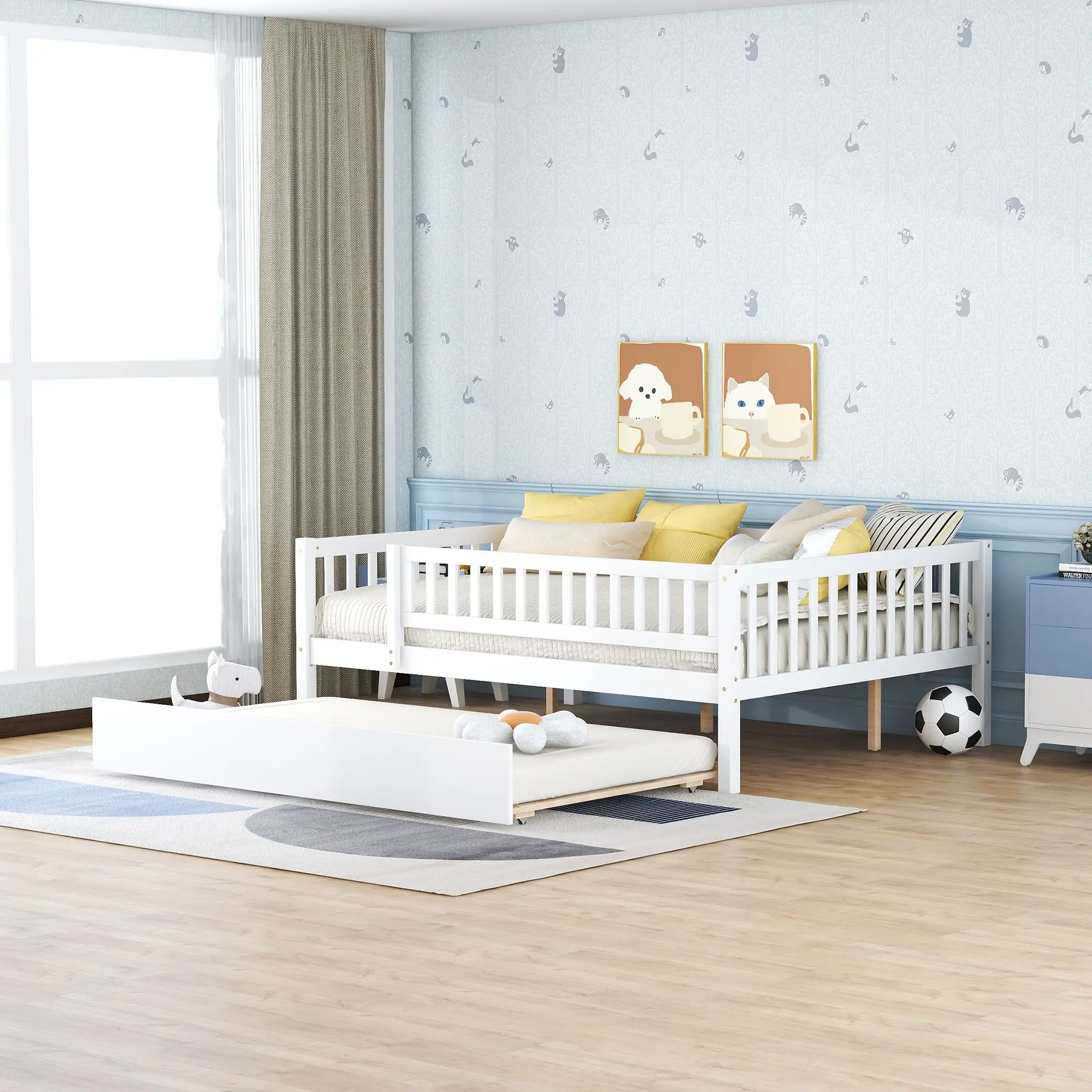 

Full Size Wood Daybed with Trundle and Fence Guardrails, White