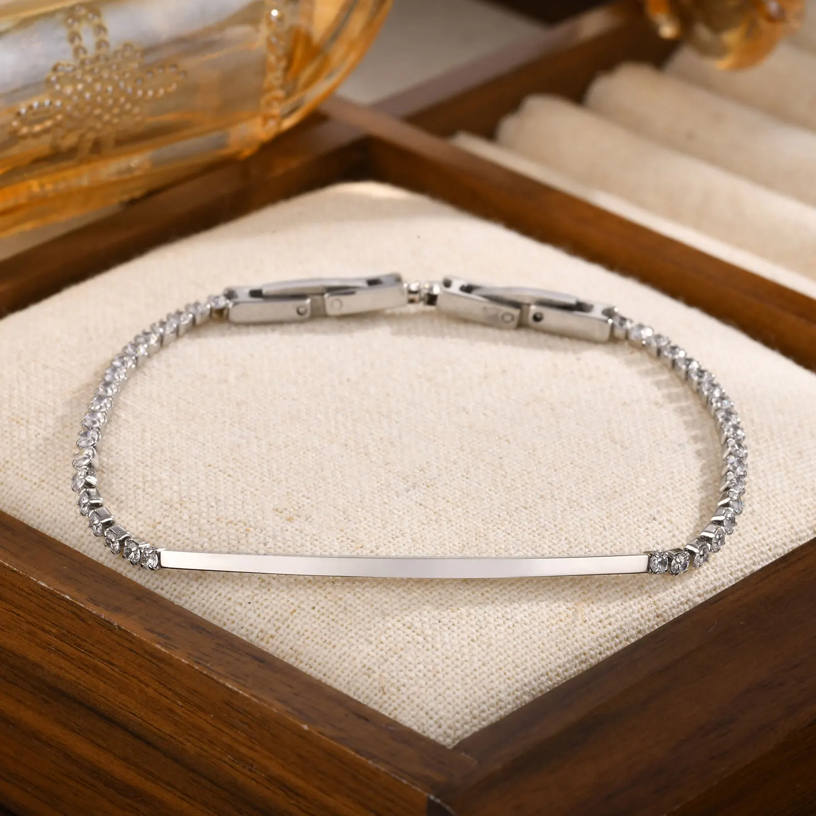 17CM Stainless Steel Bracelets White Zircon Chain Curved Bar Bracelet for Women Girls Minimalism New Fashion Jewelry Gifts