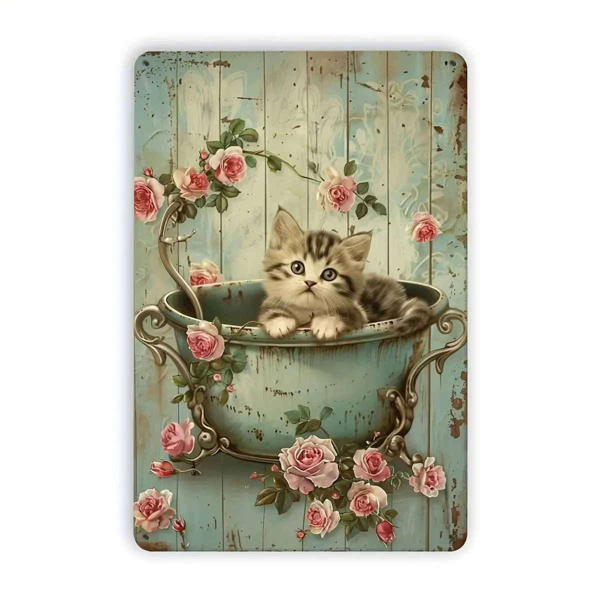 Vintage Cat Bathing Tin Sign 8x12inch Gold Stamping Iron Wall Decor Home Bedroom Cafe Bar Art